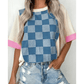 Korley Dusk Blue Checkered Denim Patchwork Short Sleeve Loose Top