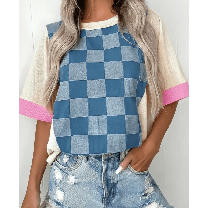 Korley Dusk Blue Checkered Denim Patchwork Short Sleeve Loose Top
