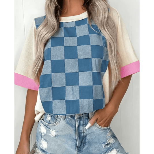 Korley Dusk Blue Checkered Denim Patchwork Short Sleeve Loose Top