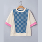 Korley Dusk Blue Checkered Denim Patchwork Short Sleeve Loose Top