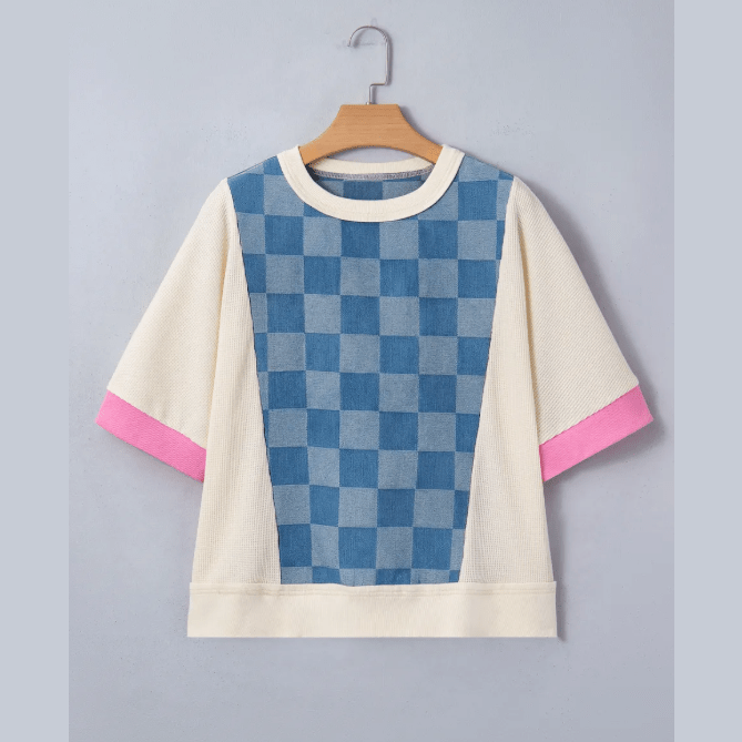Korley Dusk Blue Checkered Denim Patchwork Short Sleeve Loose Top