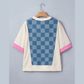 Korley Dusk Blue Checkered Denim Patchwork Short Sleeve Loose Top