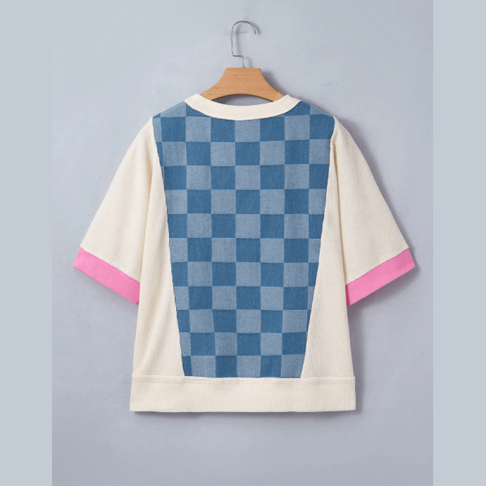 Korley Dusk Blue Checkered Denim Patchwork Short Sleeve Loose Top