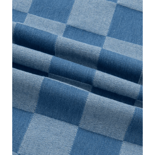 Korley Dusk Blue Checkered Denim Patchwork Short Sleeve Loose Top
