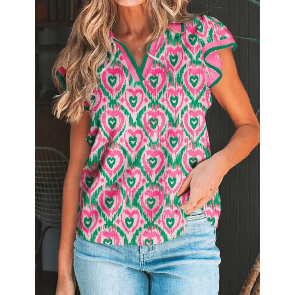 Lynda Green Abstract Heart In Heart Print Striped Trim Polo Collar Short Sleeve Blouse