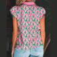 Lynda Green Abstract Heart In Heart Print Striped Trim Polo Collar Short Sleeve Blouse