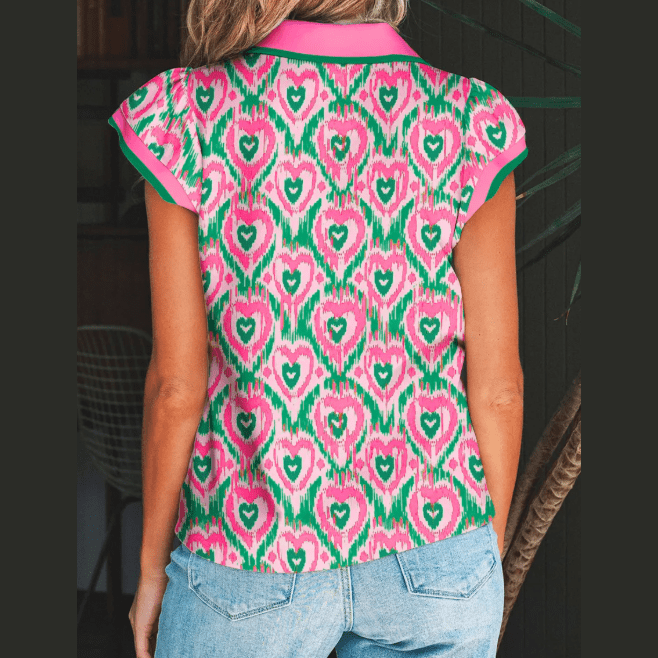 Lynda Green Abstract Heart In Heart Print Striped Trim Polo Collar Short Sleeve Blouse