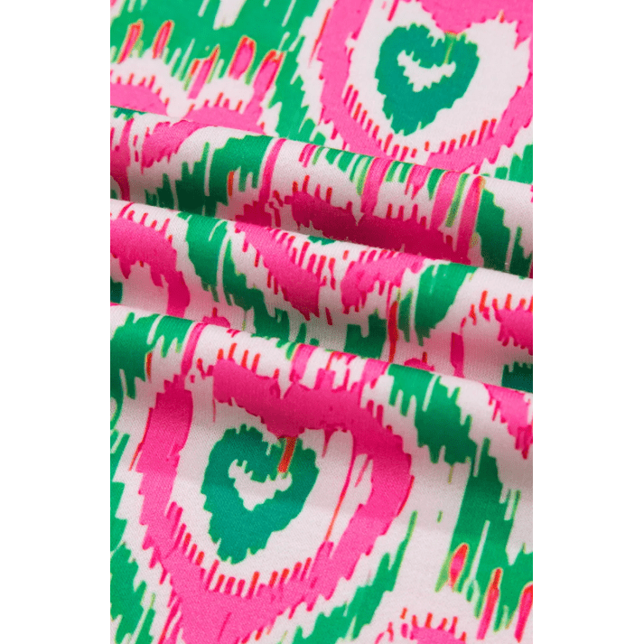 Lynda Green Abstract Heart In Heart Print Striped Trim Polo Collar Short Sleeve Blouse