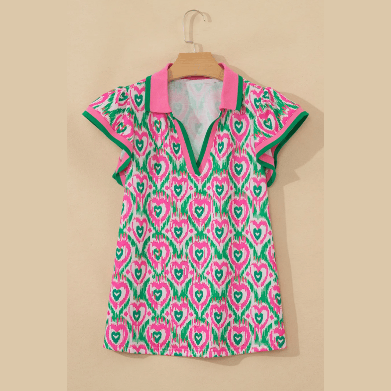 Lynda Green Abstract Heart In Heart Print Striped Trim Polo Collar Short Sleeve Blouse