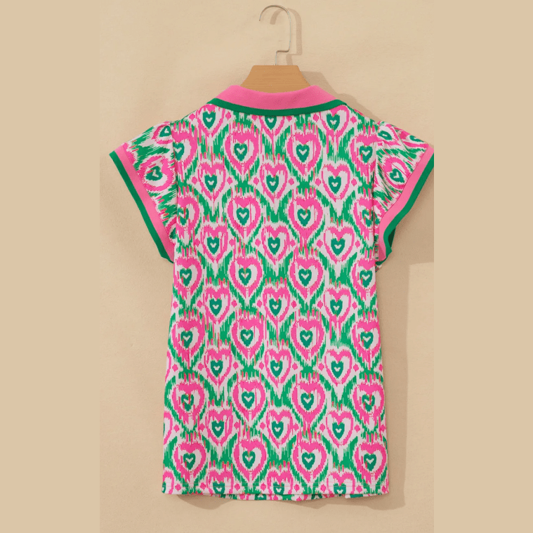 Lynda Green Abstract Heart In Heart Print Striped Trim Polo Collar Short Sleeve Blouse