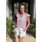 Lynda Green Abstract Heart In Heart Print Striped Trim Polo Collar Short Sleeve Blouse