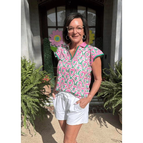 Lynda Green Abstract Heart In Heart Print Striped Trim Polo Collar Short Sleeve Blouse