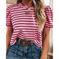 Maredith Striped V-Neck Ribbed Collar Cuff Gathering Puff Sleeve Top