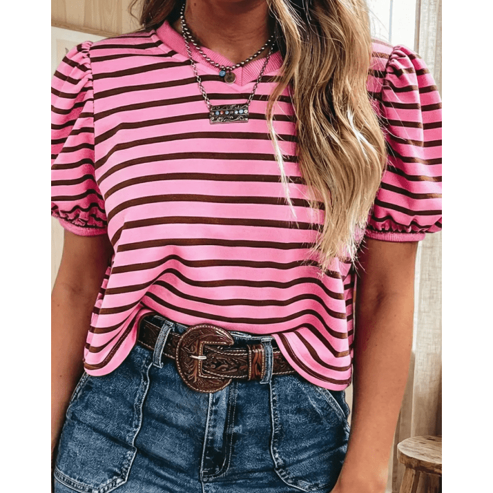 Maredith Striped V-Neck Ribbed Collar Cuff Gathering Puff Sleeve Top