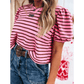 Maredith Striped V-Neck Ribbed Collar Cuff Gathering Puff Sleeve Top