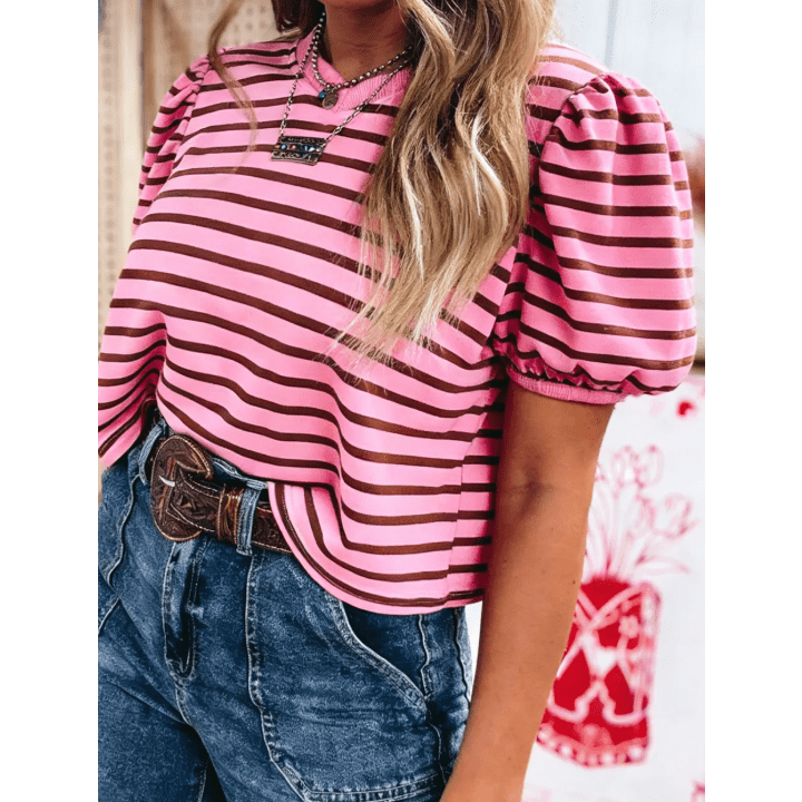 Maredith Striped V-Neck Ribbed Collar Cuff Gathering Puff Sleeve Top