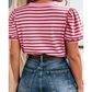 Maredith Striped V-Neck Ribbed Collar Cuff Gathering Puff Sleeve Top