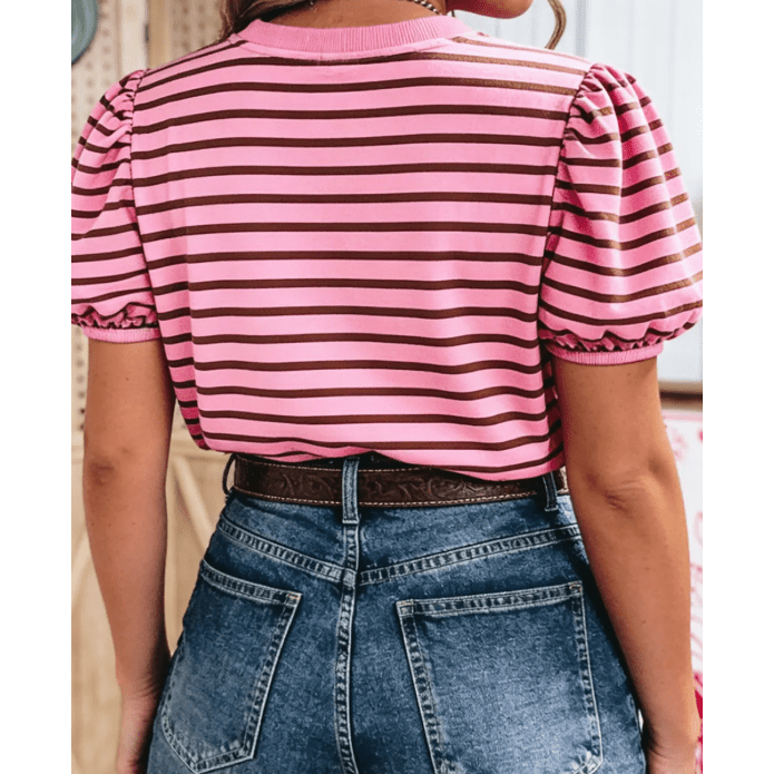 Maredith Striped V-Neck Ribbed Collar Cuff Gathering Puff Sleeve Top