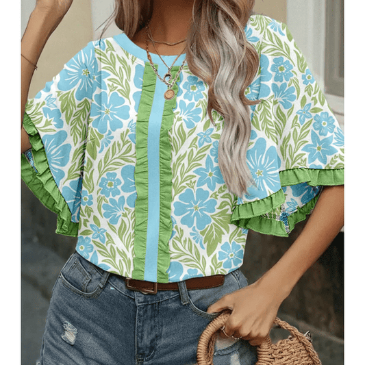 Kella Blue Floral Print Ruffled Color Block Trim Half Sleeve Blouse