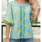 Kella Blue Floral Print Ruffled Color Block Trim Half Sleeve Blouse