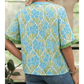 Kella Blue Floral Print Ruffled Color Block Trim Half Sleeve Blouse