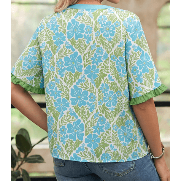 Kella Blue Floral Print Ruffled Color Block Trim Half Sleeve Blouse
