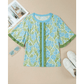 Kella Blue Floral Print Ruffled Color Block Trim Half Sleeve Blouse
