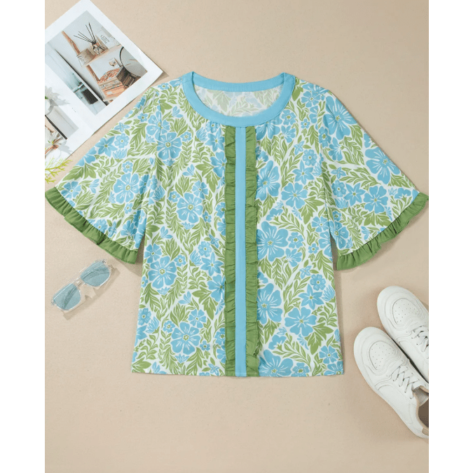 Kella Blue Floral Print Ruffled Color Block Trim Half Sleeve Blouse