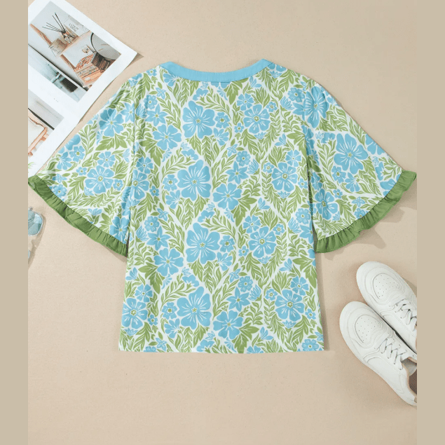 Kella Blue Floral Print Ruffled Color Block Trim Half Sleeve Blouse