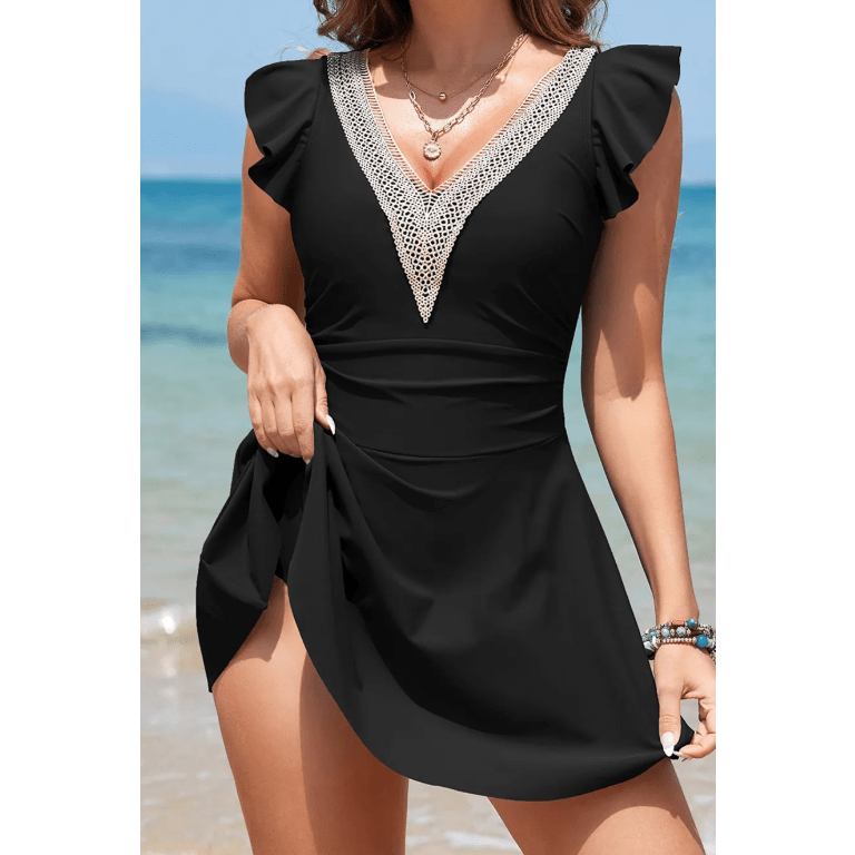 Brianna Black Ruffled Short Sleeve Lace Trim V Neck One Piece Swim Dress