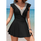 Brianna Black Ruffled Short Sleeve Lace Trim V Neck One Piece Swim Dress