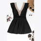 Brianna Black Ruffled Short Sleeve Lace Trim V Neck One Piece Swim Dress