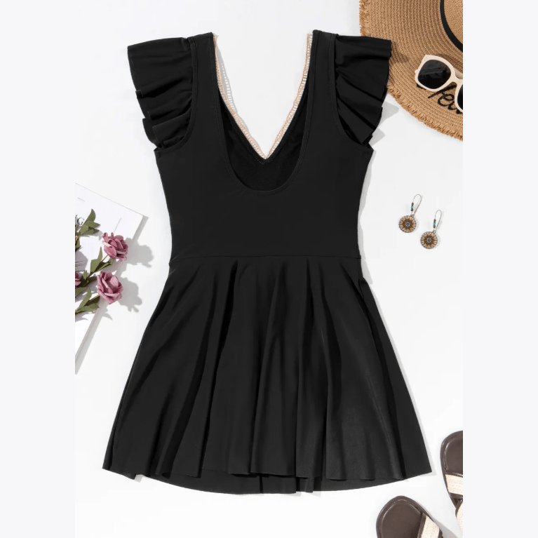 Brianna Black Ruffled Short Sleeve Lace Trim V Neck One Piece Swim Dress