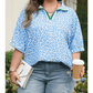 Suki Sky Blue Striped V Neckline Half Sleeve Plus Size Leopard Blouse