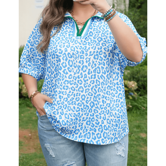 Suki Sky Blue Striped V Neckline Half Sleeve Plus Size Leopard Blouse