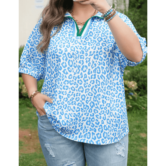 Suki Sky Blue Striped V Neckline Half Sleeve Plus Size Leopard Blouse