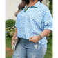 Suki Sky Blue Striped V Neckline Half Sleeve Plus Size Leopard Blouse