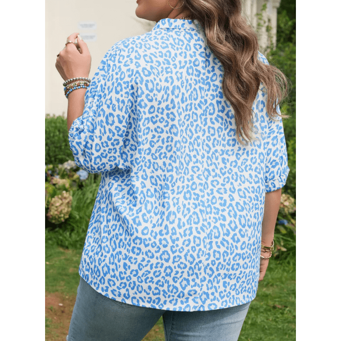 Suki Sky Blue Striped V Neckline Half Sleeve Plus Size Leopard Blouse