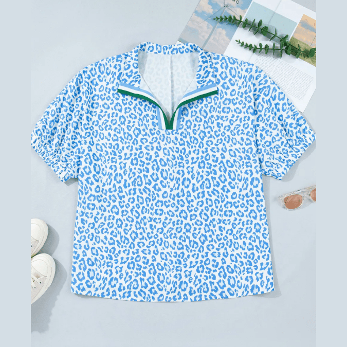 Suki Sky Blue Striped V Neckline Half Sleeve Plus Size Leopard Blouse