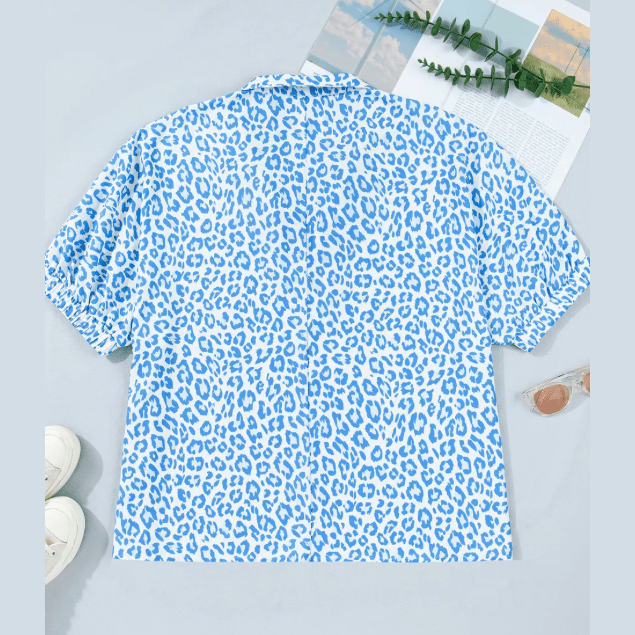 Suki Sky Blue Striped V Neckline Half Sleeve Plus Size Leopard Blouse