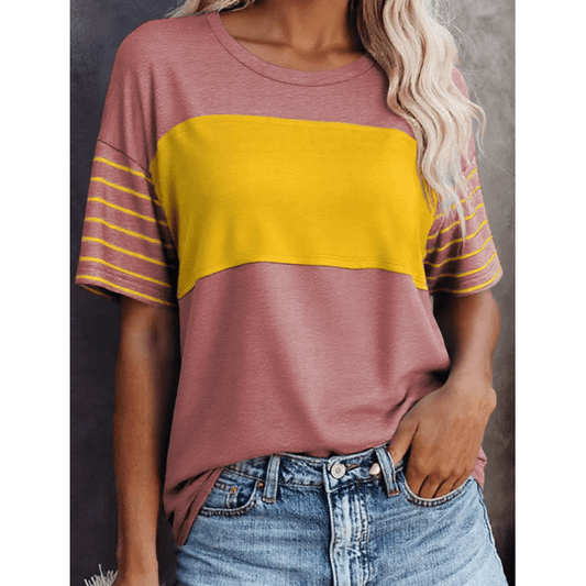Janessa Mauve Color Block Striped Detail Loose T Shirt