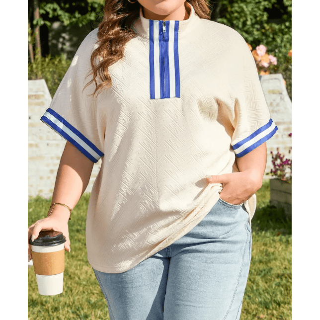 Jolene White Varsity Half Zip Textured Plus Size Top