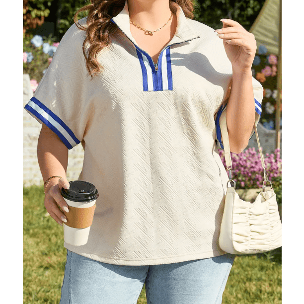 Jolene White Varsity Half Zip Textured Plus Size Top