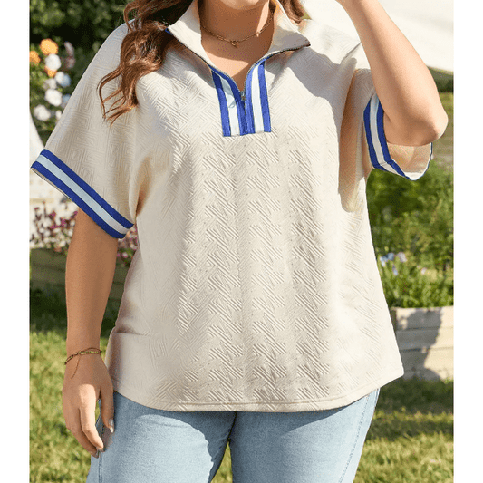 Jolene White Varsity Half Zip Textured Plus Size Top
