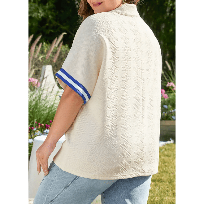 Jolene White Varsity Half Zip Textured Plus Size Top