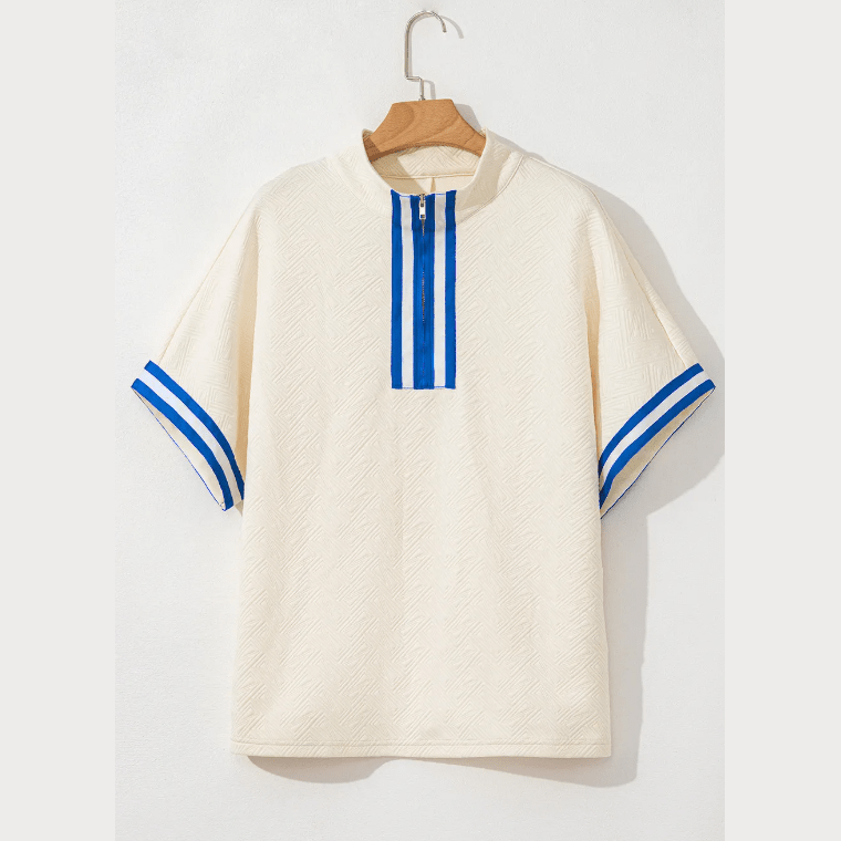 Jolene White Varsity Half Zip Textured Plus Size Top