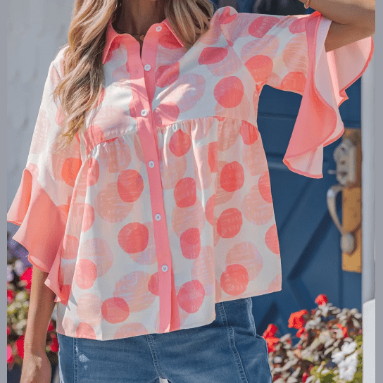 Mallory Pink Double Polka Dot Printed Ruffle Trim Short Sleeve Babydoll Shirt