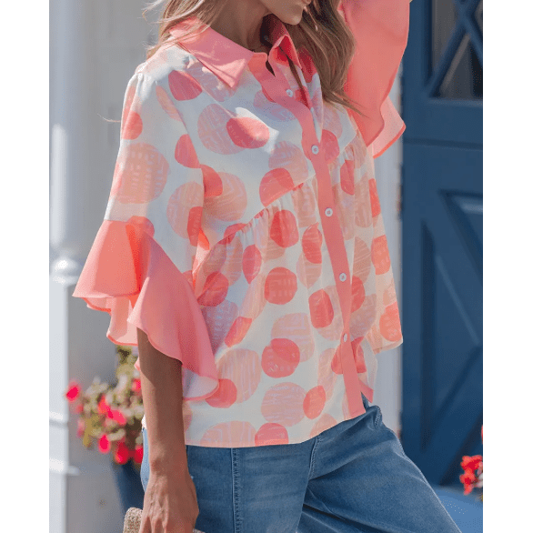 Mallory Pink Double Polka Dot Printed Ruffle Trim Short Sleeve Babydoll Shirt