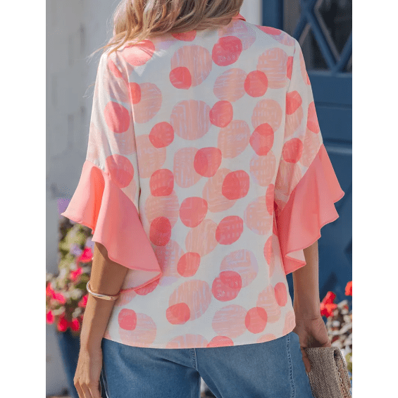Mallory Pink Double Polka Dot Printed Ruffle Trim Short Sleeve Babydoll Shirt