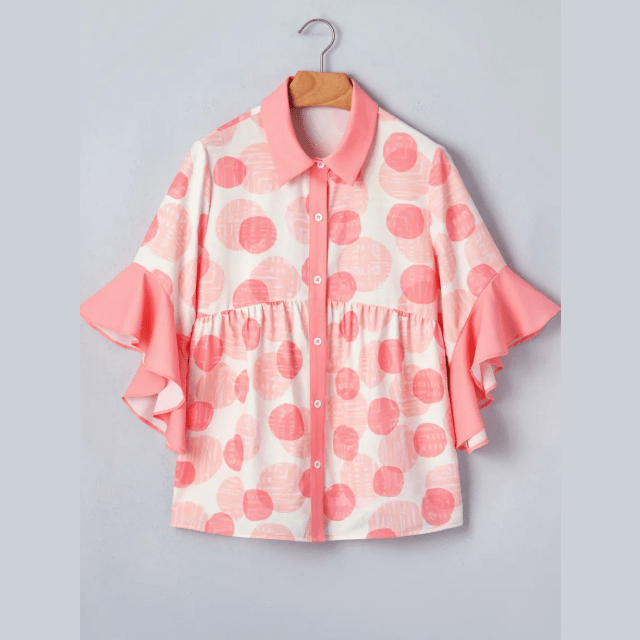 Mallory Pink Double Polka Dot Printed Ruffle Trim Short Sleeve Babydoll Shirt